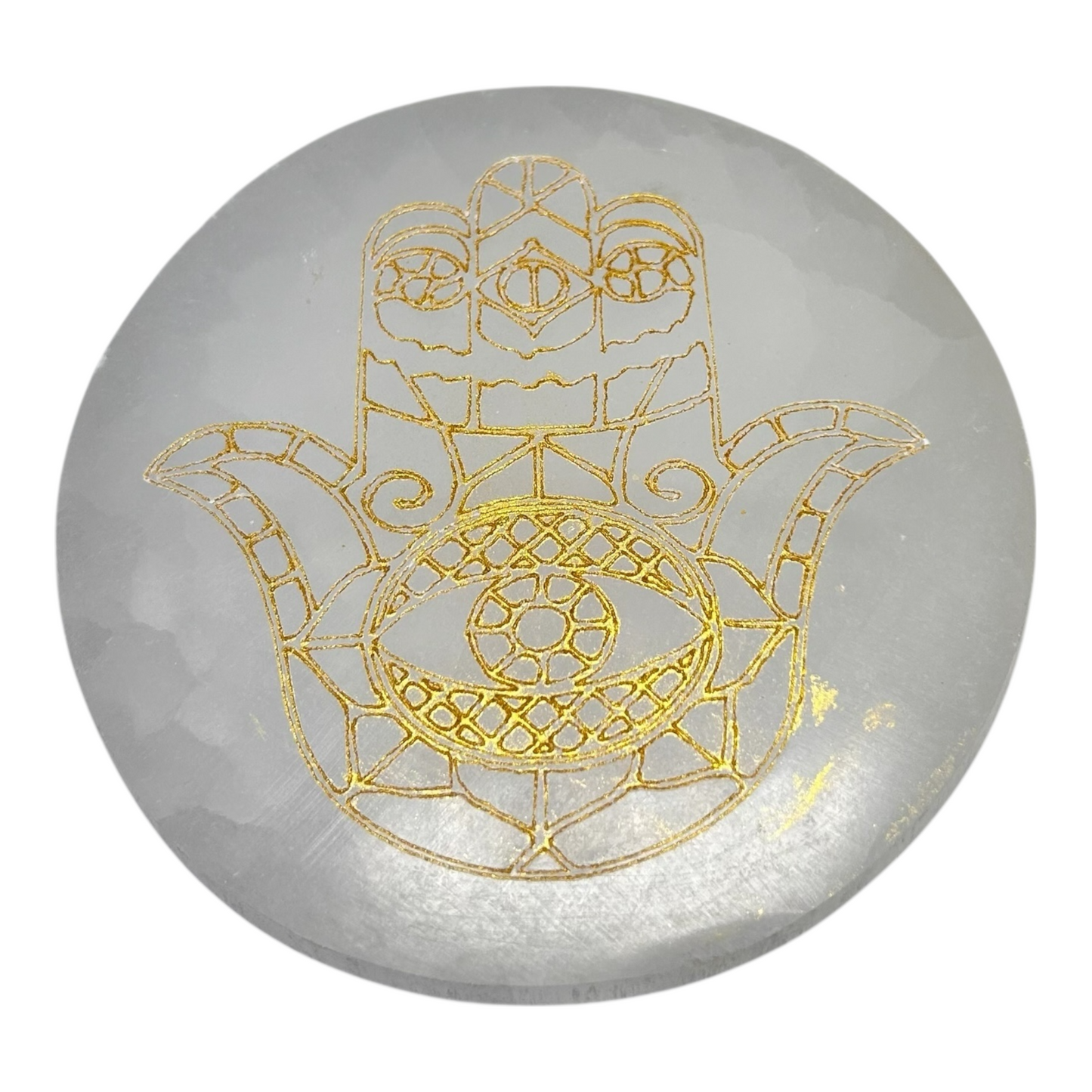 Placa de Selenita — Hamsá Dourado (Ø 10,5 cm | ~280 g)