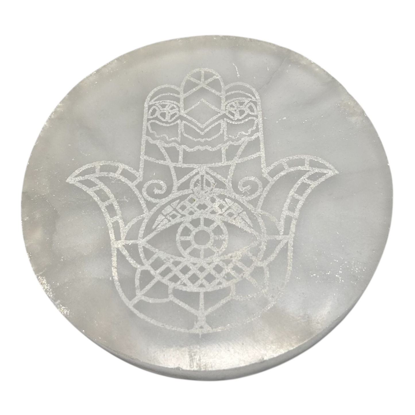 Placa de Selenita — Hamsá Prata (Ø 10,5 cm | ~280 g)