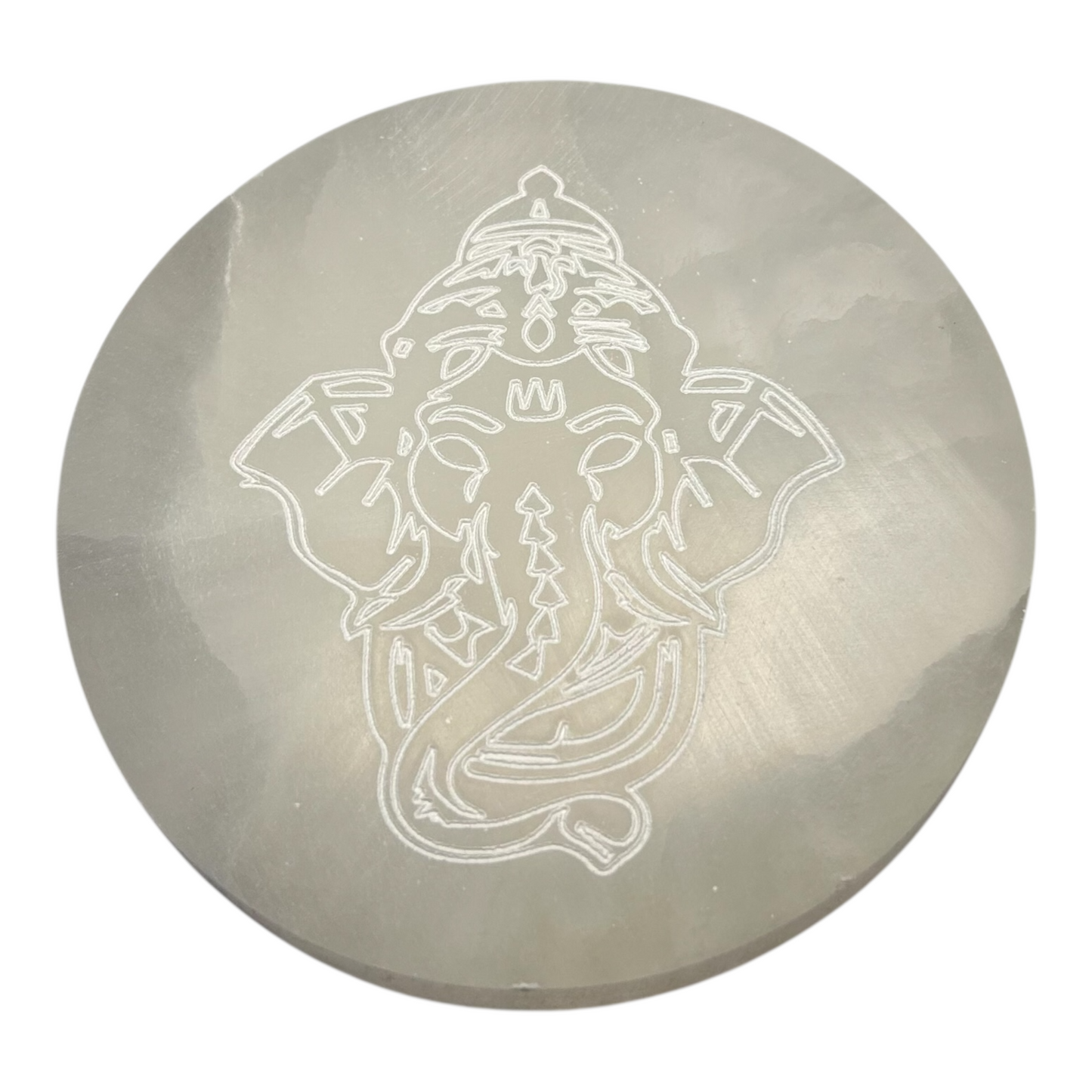Placa de Selenita — Ganesha Branco (Ø 10,5 cm | ~280 g)